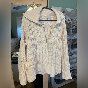 Aerie Cable Car Quarter Zip Sweater in Toasted Coconut size Large